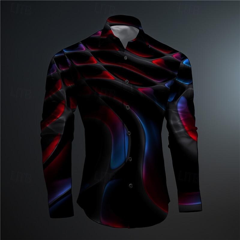 Men's Optical Illusion Geometric Pattern Button Up Shirt Printed Shirts Long Sleeve Subcultural Vacation Party Street Spring & Summer Turndown Print Button-Down Red Blue Gray