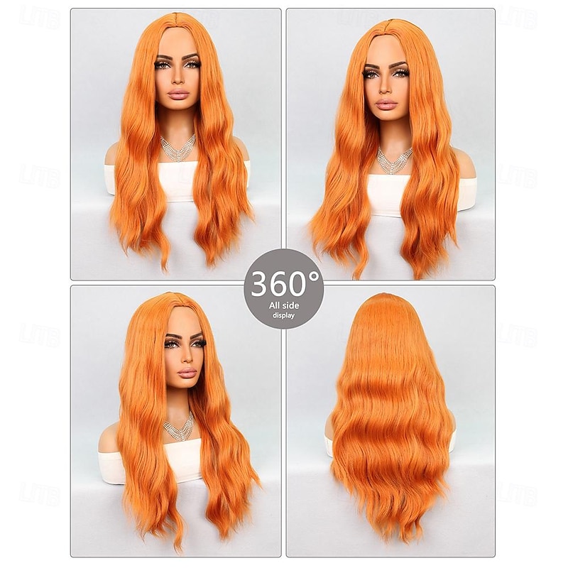 Cosplay Costume Wig Synthetic Wig Natural Wave Middle Part Wig 26 inch Orange Synthetic Hair Women's Orange4