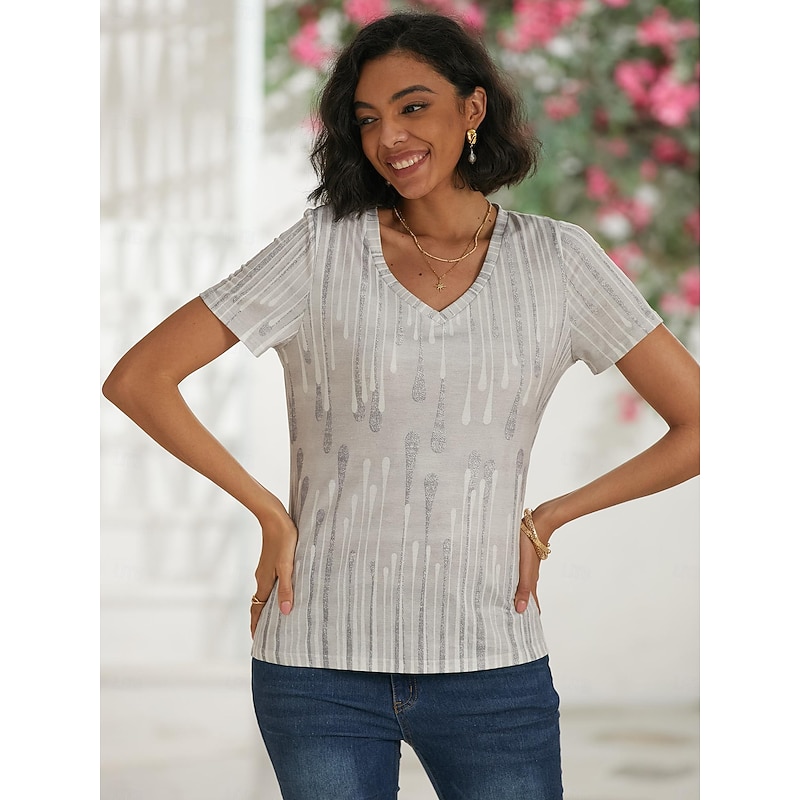 Women's T Shirt Striped Basic Classic Print Short Sleeve V Neck Regular Tops Casual Holiday Weekend Print White Gray Summer Spring3