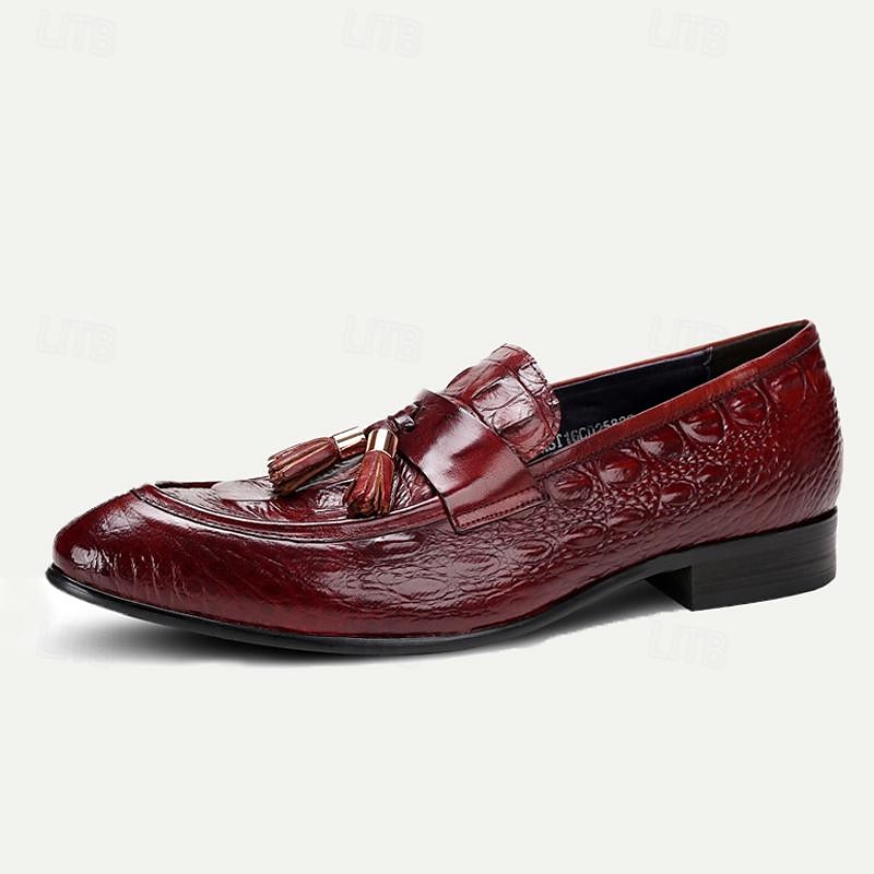 Men's Loafers & Slip-Ons Wine Black Glossy Burgundy Crocodile Leather Tassel Comfortable Slip Resistant2