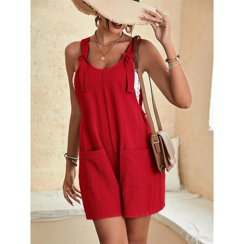 Women's Normal Jumpsuit Basic Solid Color Sleeveless Crew Neck Buttons Pocket Street Daily Regular Fit Black Light Green Pink Summer 19