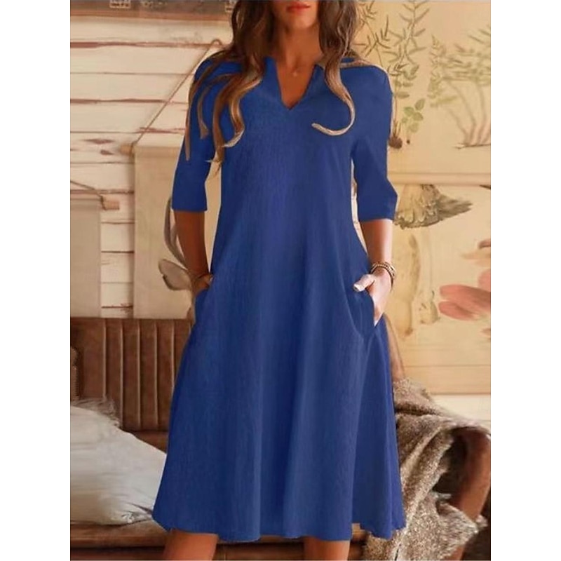 Women's Black Blue Gray Summer Spring Midi Dress Cotton Linen Dresses Casual Dress Cotton Summer Dress Basic Modern Daily Weekend Loose Fit Plain Split Neck2