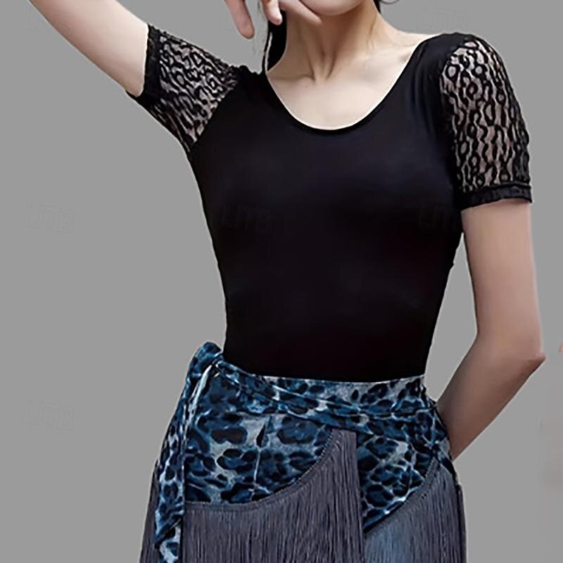 Latin Dance Ballroom Dance Top Lace Hollow-out Pure Color Women's Performance Training Short Sleeve High Spandex2