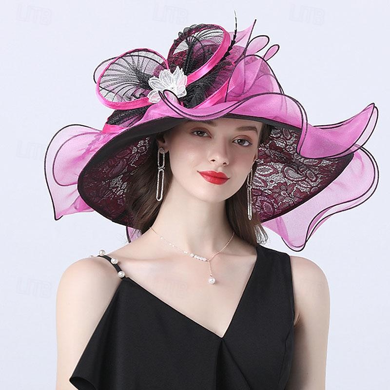 Fascinators Hats Headwear Organza Floppy Hat Straw Hat Sun Hat Holiday Tea Party Beach Horse Race Cocktail Elegant Vintage With Feather Lace Headpiece Headwear