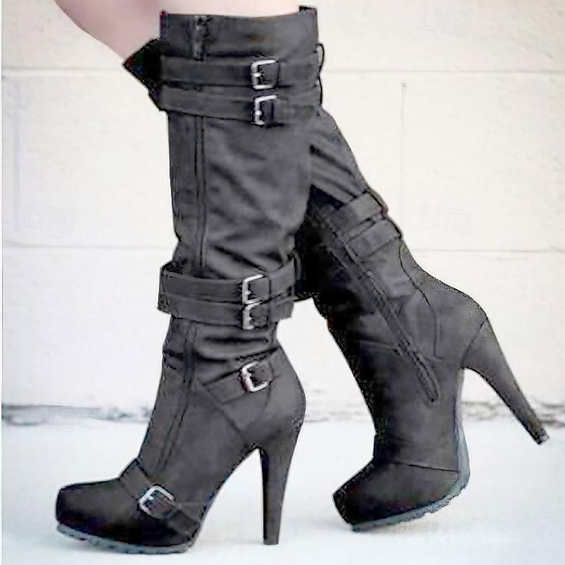 Women's High Heel Knee-High Boots – Stylish Beige Buckle Strap Boots with Stiletto Heel for Fall & Winter Fashion3