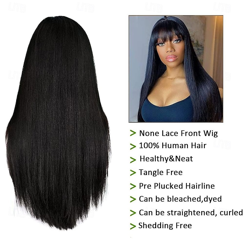 Brazilian Virgin Straight Human Hair Wigs with Bangs 8-30 inch  None Lace Front Wigs  Machine Made Wigs for Black Women Natural Color4