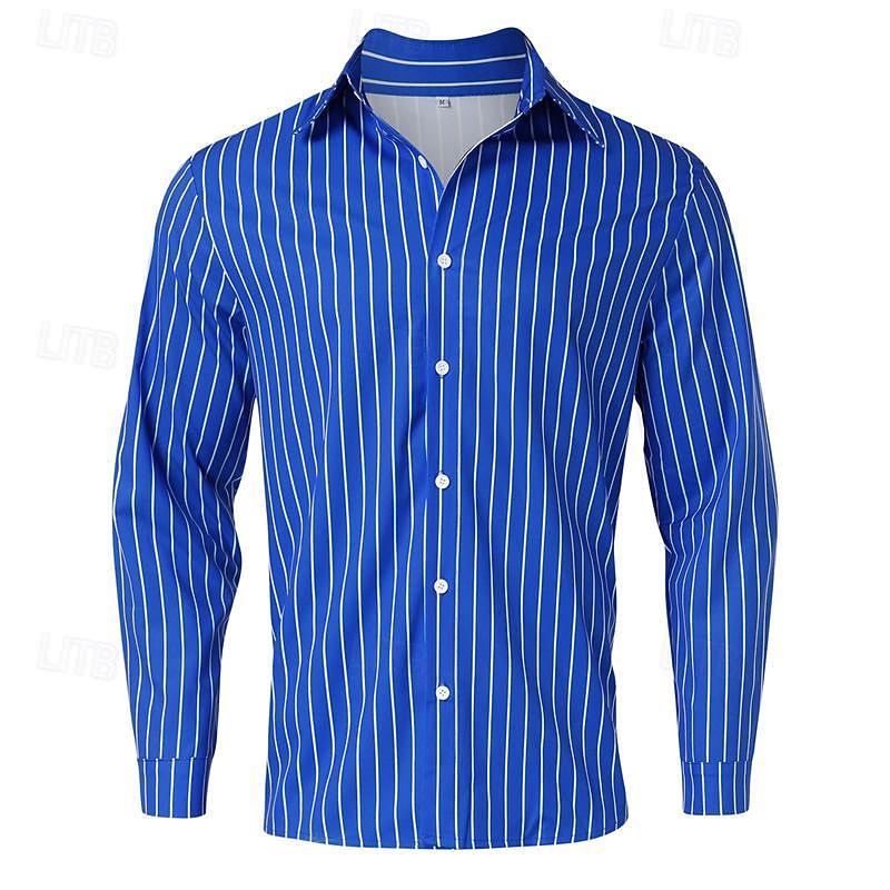 Men's Matching Sets Blue Shirt Button Up Shirt Casual Shirt Trousers Casual Pants Sets Long Sleeve Lapel Casual Daily Streetwear Stripes 2 Piece Polyester Spring & Fall 5