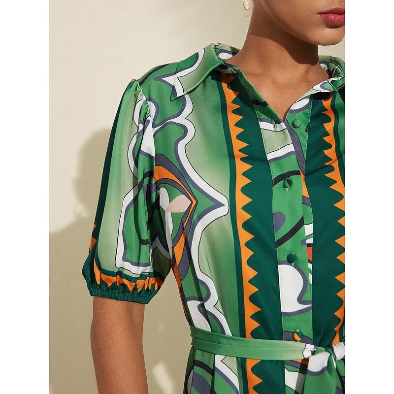 Women's Shirt Dress Maxi Dress Green Short Sleeve Geometic Button Up Belted Summer Lapel Dresses S M L3