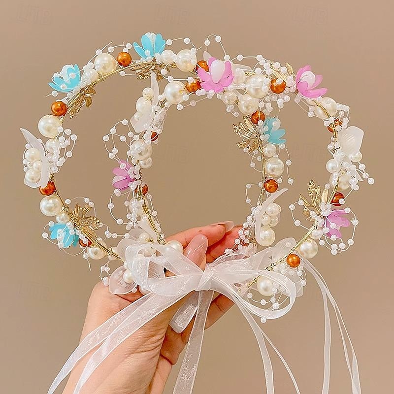Kids Unisex Hair Accessories Floral 1# white bead flower ribbon headband 2#Purple Bead Flower Ribbon Headband3