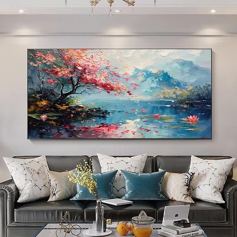 Hand Painted Pink Cherry Blossom Tree Landscape Thick Oil Painting Texture Flowers Art Bright Home Decor (No Frame)