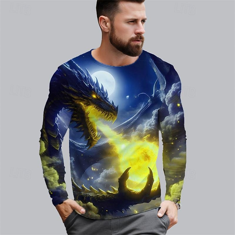 Men's Graphic Dragon T Shirt Long Sleeve T shirt 3D Print Crew Neck Shirt Fashion Designer Casual Sports Outdoor Holiday Going out Blue Dark Blue Spring &  Fall Clothing Apparel S M L XL 2XL 3XL3