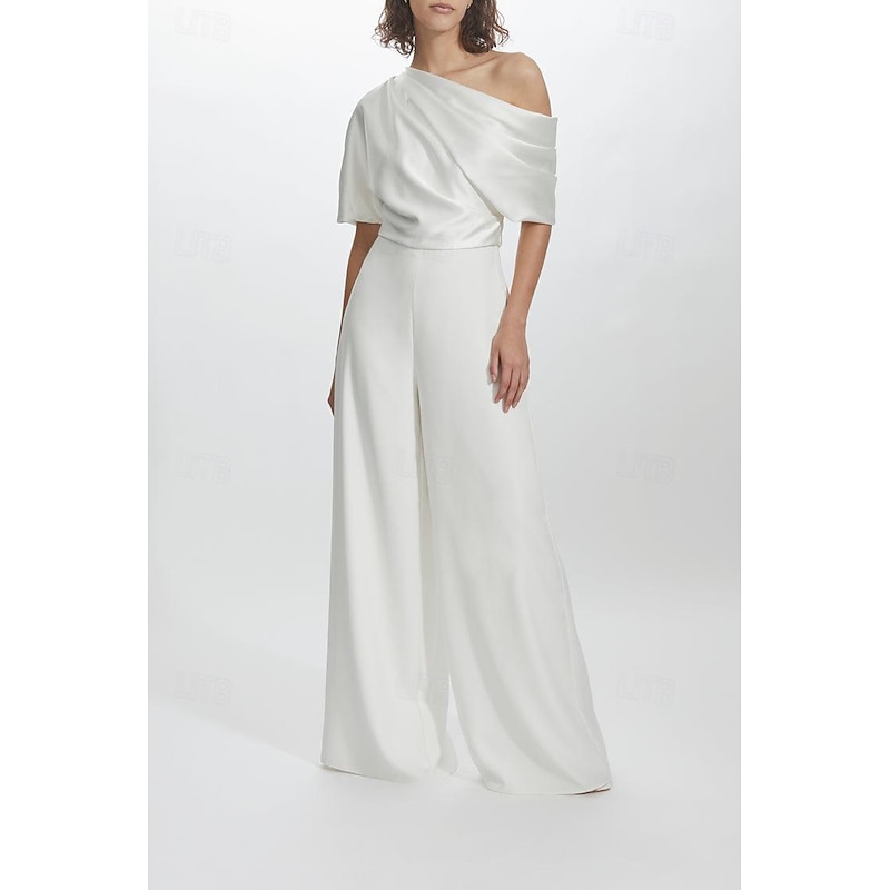 Jumpsuits Wedding Guest es Elegant  Formal Wedding Reception Floor Length Short Sleeve One Shoulder Stretch Crepe with Ruched3