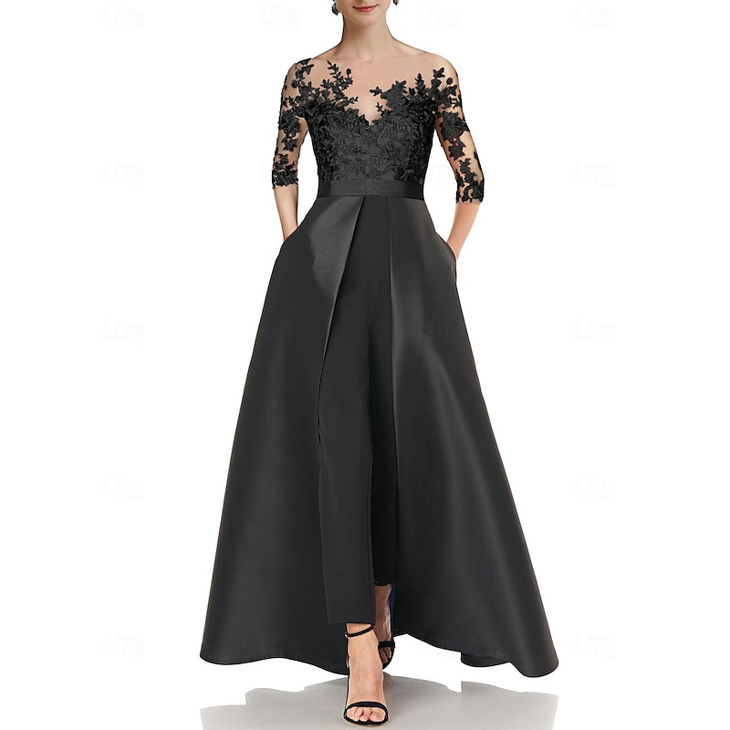 Jumpsuits Mother of the Bride  Wedding Guest Elegant Party Jewel Neck Floor Length Satin 3/4 Length Sleeve with Appliques Solid Color