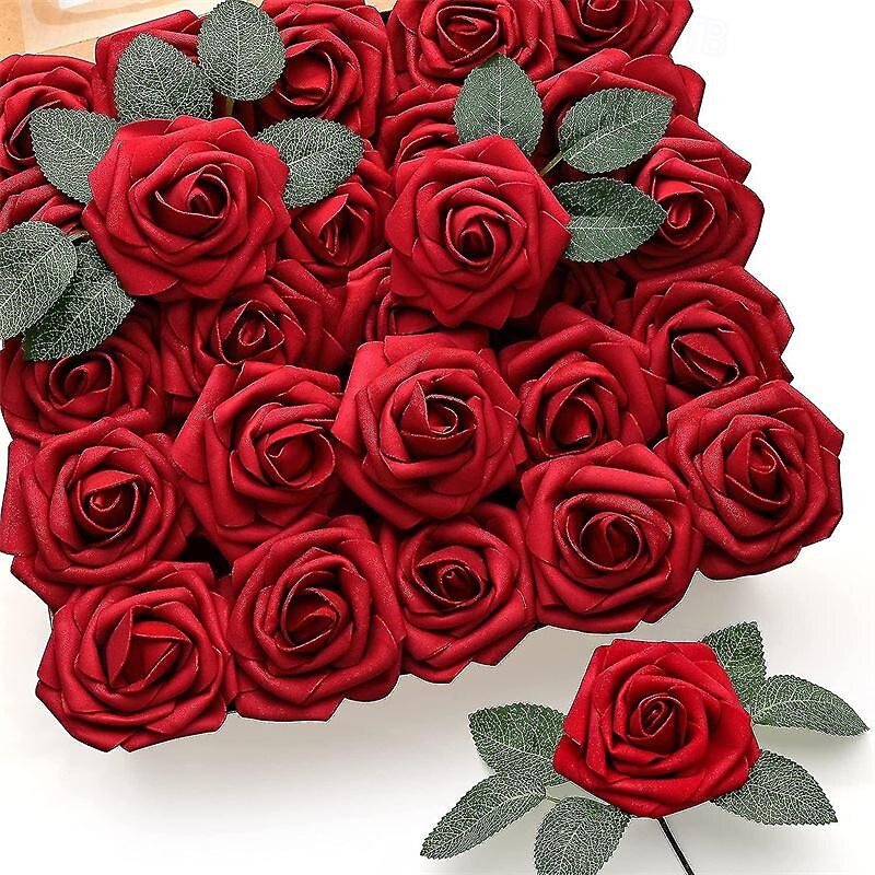 25pcs Red Roses Artificial Flowers Dark Red Roses Real Touch Foam Fake Roses Bulk With Stem Diy Craft Flowers For Wedding Bridal Bouquets Centerpiece