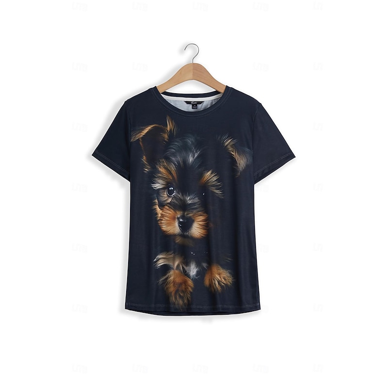 Women's T Shirt Basic Dog Print Short Sleeve Regular Tops Round Neck Daily Weekend Black2