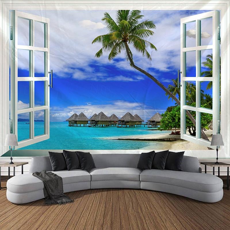 Beach Window View Hanging Tapestry Wall Art Large Tapestry Mural Decor Photograph Backdrop Blanket Curtain Home Bedroom Living Room Decoration3