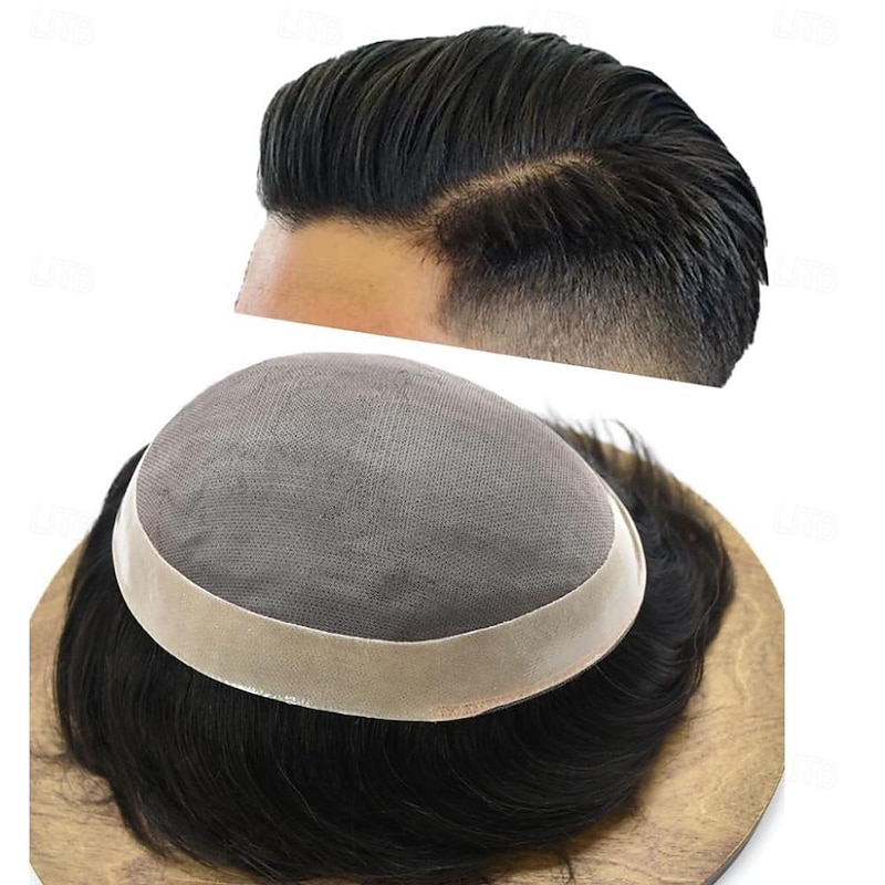 Toupee for Men Fine Mono 100% Human Hair Mens Toupee Medium Heavy Density Hair Replacement System for Men Poly Skin Around Mens Hairpieces6X8 7X9