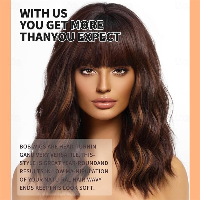 Short Wavy Brown Wig with Bangs Short Brown Highlight Bob Wigs for Women Wavy Bob Wig with Bangs Synthetic Natural Looking Wigs 14IN3