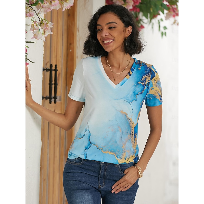 Women's T Shirt Basic Neon & Bright Abstract Print Short Sleeve Regular Tops V Neck Daily Weekend Yellow Blue Gold Light Blue2