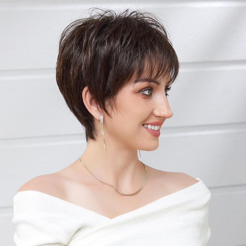Human Hair Blend Wig Short Natural Straight Pixie Cut Side Part Layered Haircut Asymmetrical Brown Cosplay Curler & straightener Natural Hairline Capless Brazilian Hair Women's All Brown 8 inch Party4