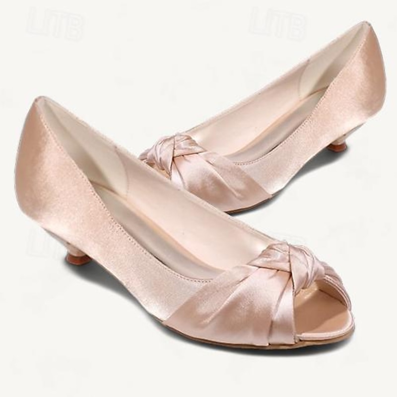 Women's Blush Pink Satin Peep-Toe Kitten Heels - Elegant Low Heel Shoes for Weddings and Special Occasions2