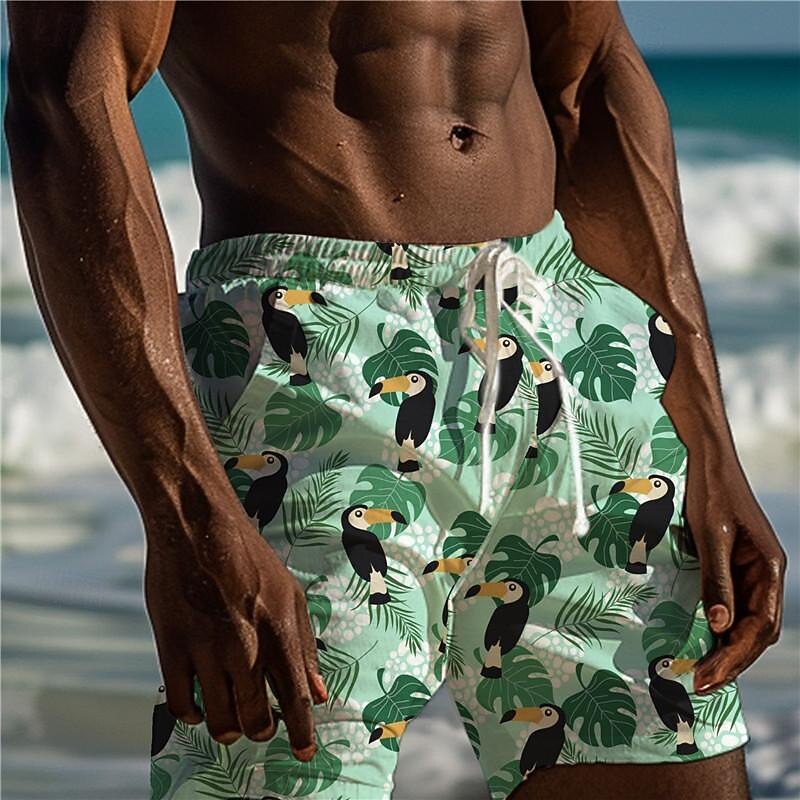 Men's Parrot Tropical Plants Swim Trunks Swim Shorts Board Shorts Mid Waist Vacation Hawaiian Holiday Vacation Holiday Beach Drawstring with Mesh lining Elastic Waist Designer Clothing Apparel