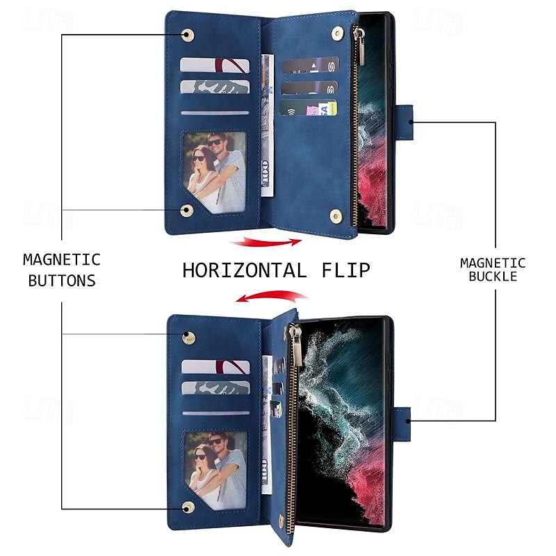 Phone Case For Samsung Galaxy S25 S24 S23 S23 FE S22 S21 Ultra Plus A14 A34 A54 A24 Wallet Case Zipper with Wrist Strap Kickstand Retro TPU PU Leather3