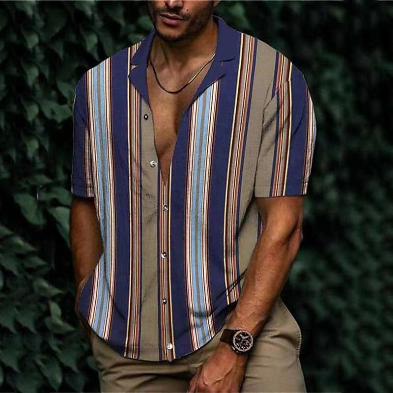 Men's Shirt Summer Shirt Casual Shirt Beach Shirt Button Up Shirt Striped Shirts Black White Yellow Blue Orange Short Sleeve Stripes Lapel Vacation Hawaiian Clothing Apparel Polyester Fashion Casual 6