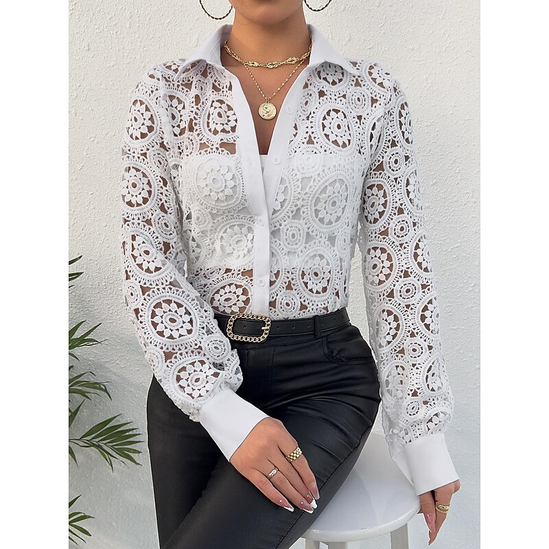 Shirt Lace Shirt Blouse Eyelet top Women's White Plain Lace Button Street Daily Fashion Shirt Collar Regular Fit S3