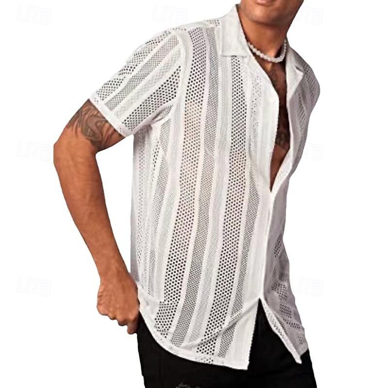 Men's Shirt Summer Shirt Casual Shirt Beach Shirt Button Up Shirt Black White Short Sleeve Plain Turndown Vacation Holiday Hole Clothing Apparel Polyester Fashion Casual Comfortable3