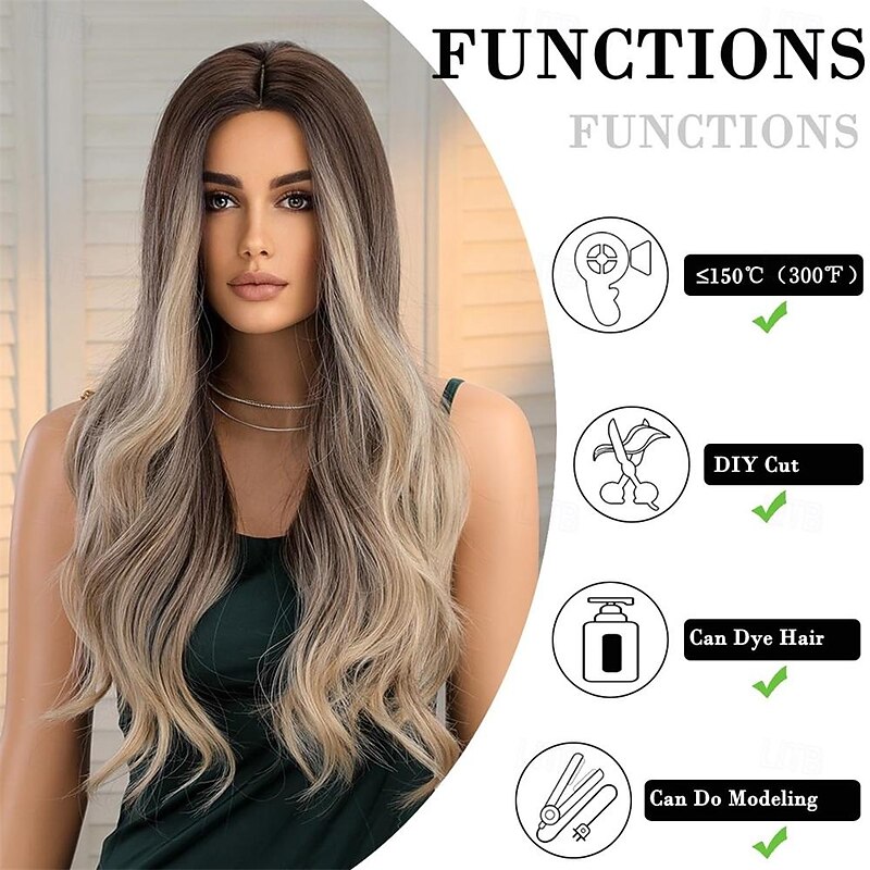 Long Ombre Blonde Brown Wavy Wigs for Women Natural Synthetic Curly Wig Heat Resistant Fiber Wigs for Daily Cosplay3