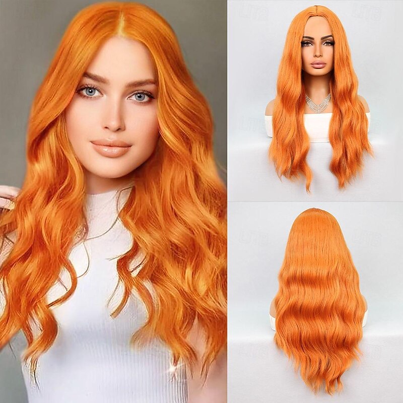 Cosplay Costume Wig Synthetic Wig Natural Wave Middle Part Wig 26 inch Orange Synthetic Hair Women's Orange