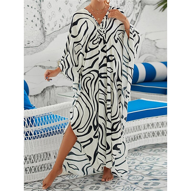 Women's Cover Up Graphic Leaf Print V Neck Long Dress Maxi Dress Hawaiian Vacation Beach 3/4 Length Sleeve Summer4