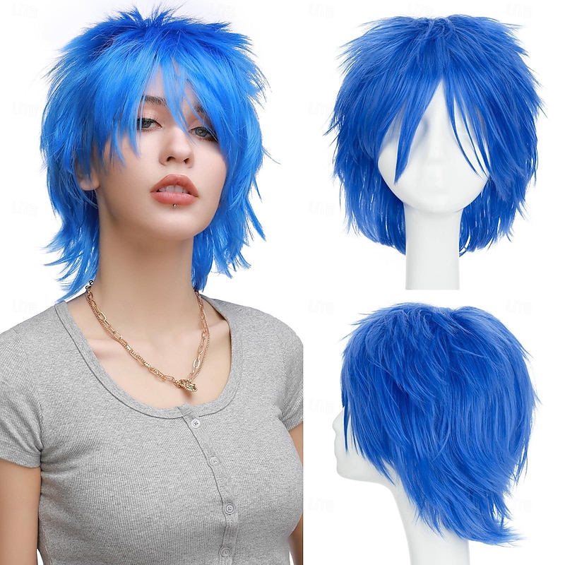 Women Mens Male Short Fluffy Straight Hair Wigs Anime Cosplay Party Costume Dress Synthetic Spiky Wig Dark Blue Halloween Wigs