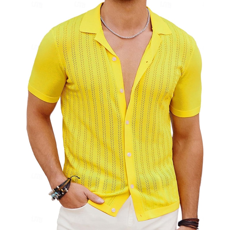 Men's Shirt Summer Shirt Button Up Shirt Cardigan Black Yellow Purple Deep Blue Short Sleeves Fashion Lapel Daily Wear Hole Clothing Apparel Modern Contemporary3
