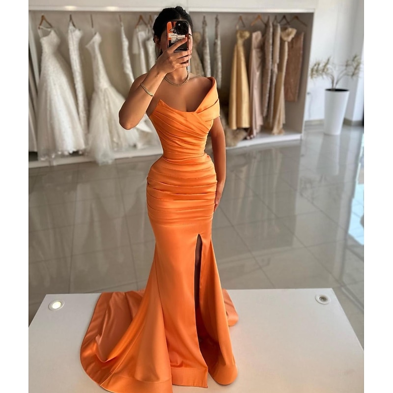 Mermaid Prom Dresses Elegant Dress Formal Prom Floor Length Sleeveless Off Shoulder Satin with Ruched Slit Masquerade Dress4