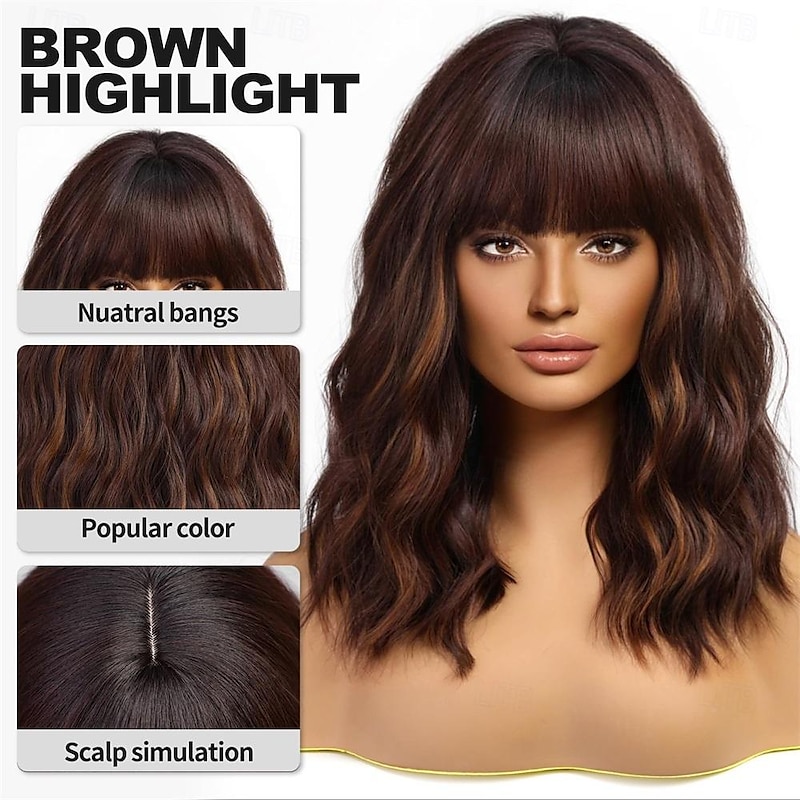 Short Wavy Brown Wig with Bangs Short Brown Highlight Bob Wigs for Women Wavy Bob Wig with Bangs Synthetic Natural Looking Wigs 14IN4