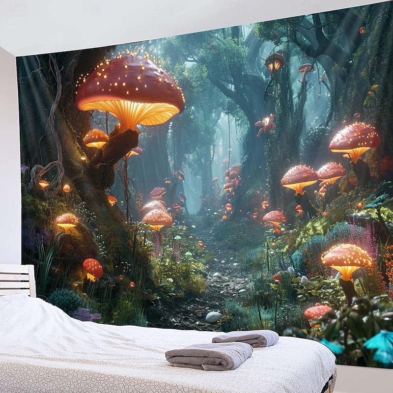Trippy Forest Mushrooms Hanging Tapestry Wall Art Large Tapestry Mural Decor Photograph Backdrop Blanket Curtain Home Bedroom Living Room Decoration3