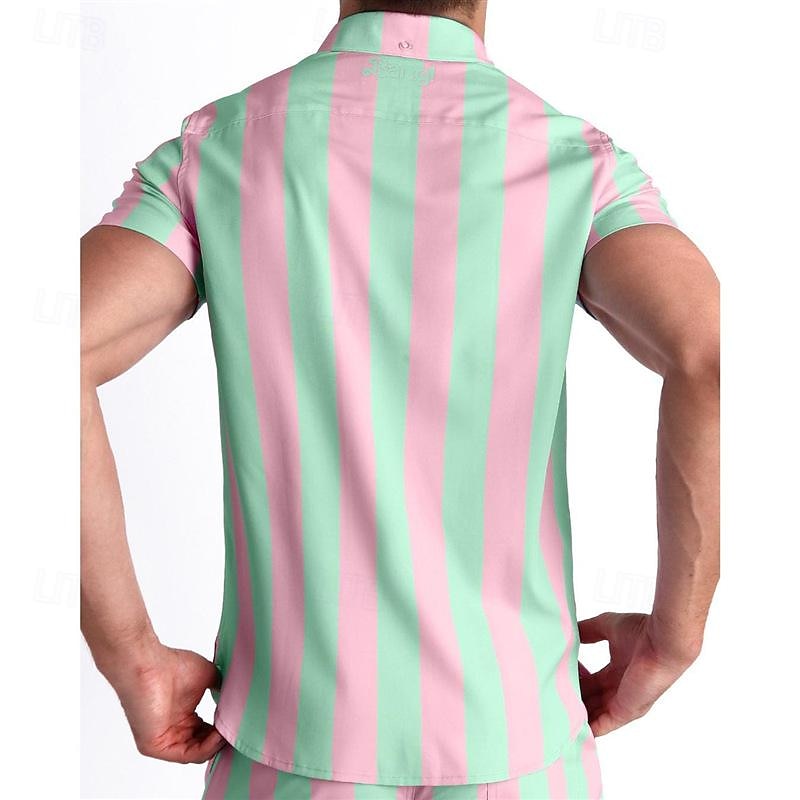 Men's Shirt Summer Shirt Casual Shirt Beach Shirt Button Up Shirt Striped Shirts Pink Short Sleeve Striped Turndown Vacation Holiday Clothing Apparel Polyester Fashion Casual Comfortable2