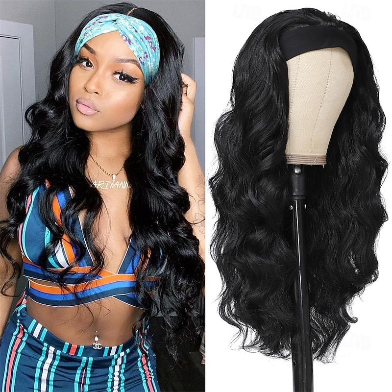Black HeadBand Wigs for Women Long Wavy Headband Wigs 24inch Put On and Go Glueless Half Wig Loose Wave Synthetic Long Wigs for Women