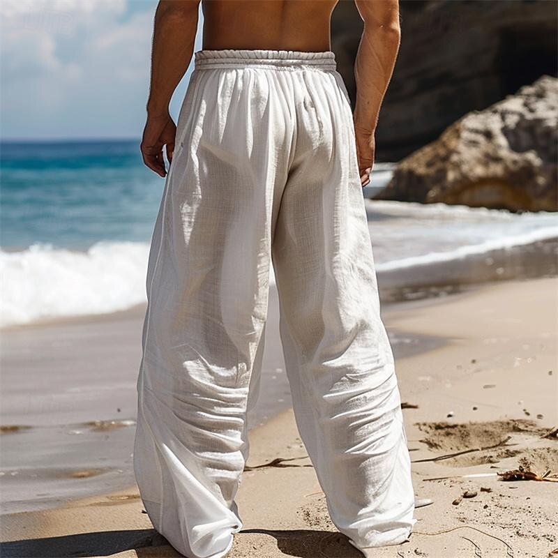 Men's Anchor Linen Pants Pants Trousers Baggy Pants Mid Waist Vintage Outdoor Daily Wear Streetwear Side Pockets Elastic Drawstring Design White Blue Green2