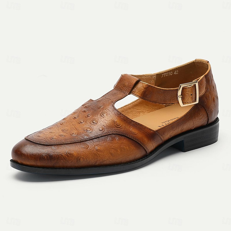 Men's Premium Cowhide T-Strap Dress Sandals – Vintage Leather Formal Shoes with Buckle Closure for Office and Wedding Wear4