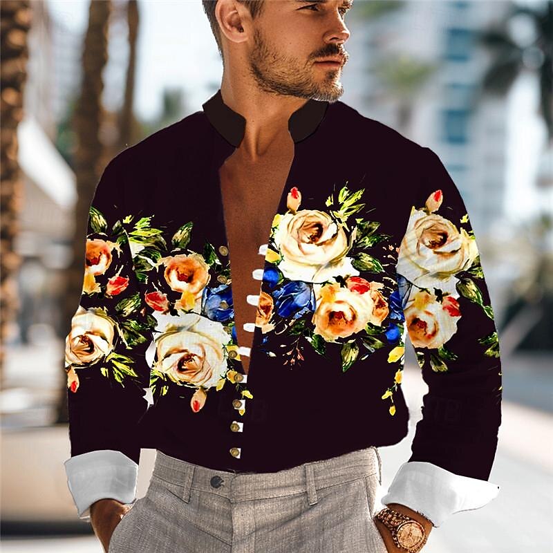 Men's Floral Button Up Shirt Printed Shirts Long Sleeve Hawaiian Resort Outdoor Holiday Daily Wear Spring & Summer Standing Collar Print Button-Down Black White4