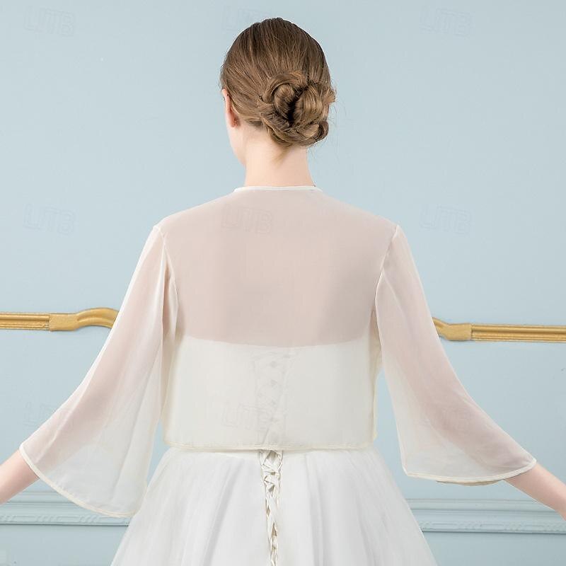 Women's Wrap Bolero Shrug Bridal's Wraps Elegant Vintage 3/4 Length Sleeve Chiffon Wedding Wraps With Pure Color For Wedding Summer3