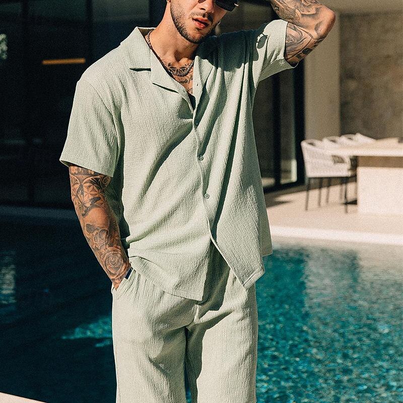 Men's Shirt Shirt Set Summer Shirt Button Up Shirt Casual Shirt Beach Shirt Black Blue Green Short Sleeve Plain Camp Collar Holiday Vacation 2 Piece Clothing Apparel Fashion Casual Comfortable3