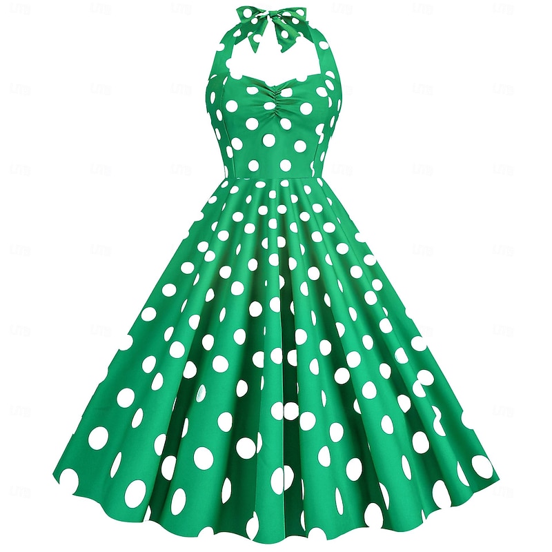 Retro Vintage 1950s Grease Outfits Rockabilly Midi Dress Swing Dress Flare Dress Polka dots Halter Neck Fancy Dress Women's Carnival Vacation Daily Wear Retro Theme Party Adults Dress Spring & Summer3