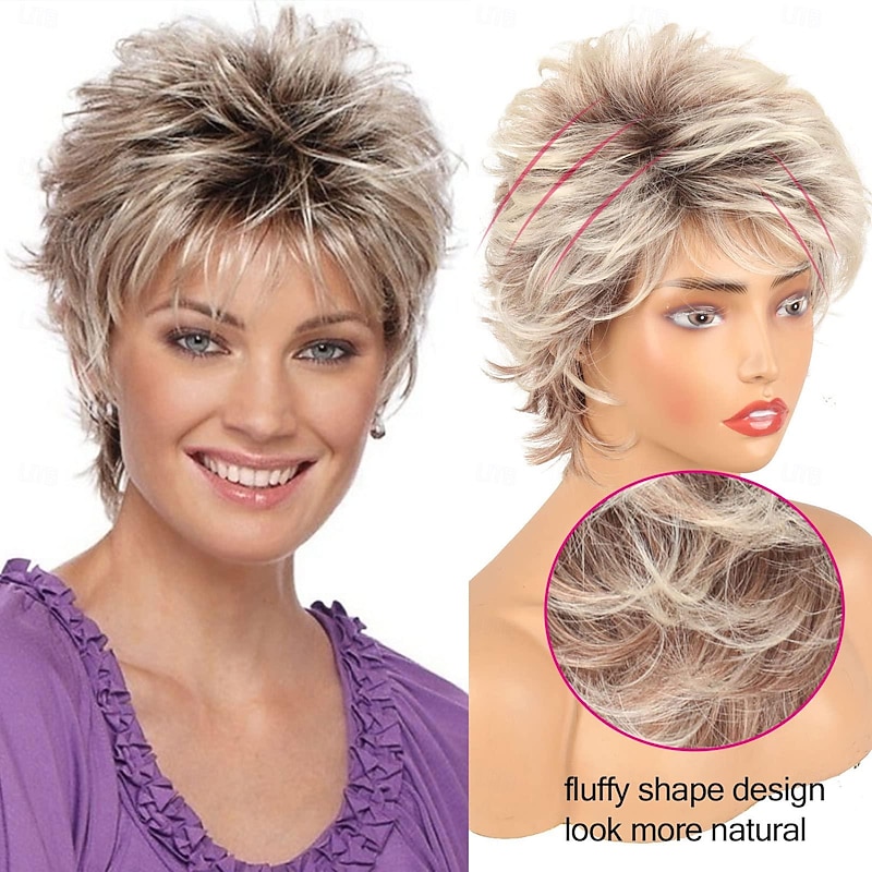 Short Blonde Pixie Cut Wigs with Bangs for White Women,Brown Ombre Blonde Wig Synthetic Wavy Curly Hair Wigs Mixed Brown Wigs Layered Natural Fluffy Heat Resistant4