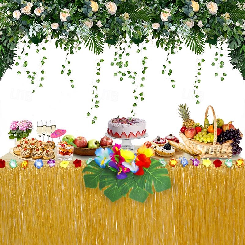 124PCS Festival party scene decoration tassel table skirt Hawaiian style tropical decoration turtle back leaves hibiscus flowers colorful flower strips4