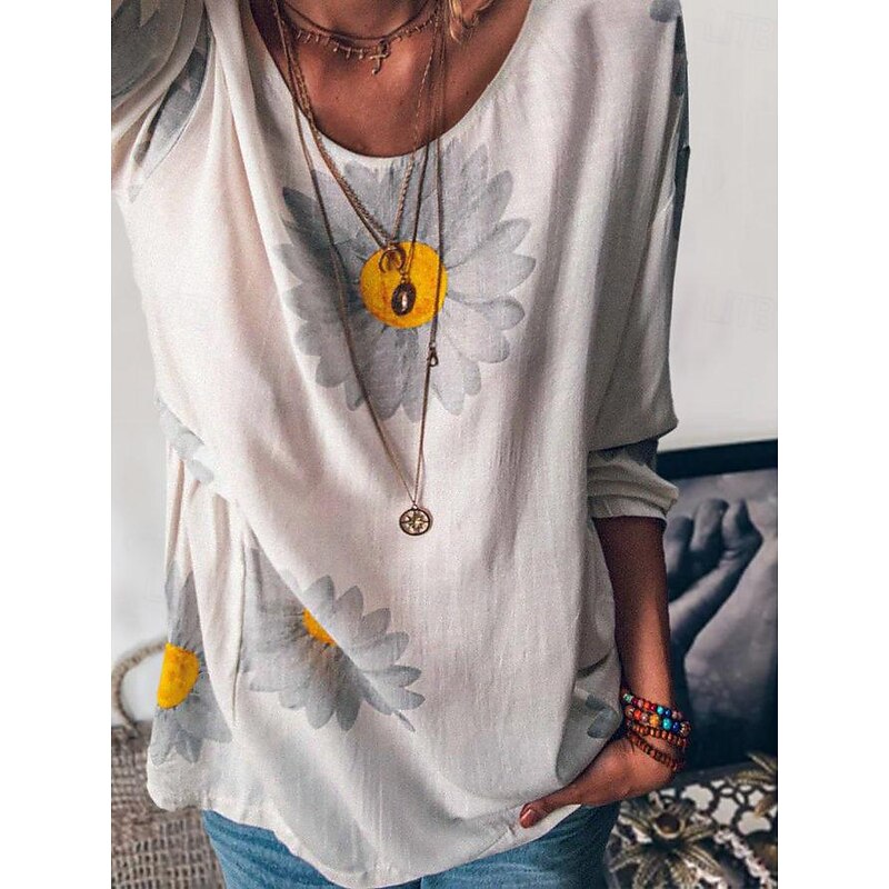 Women's Shirt Blouse Floral Fashion Long Sleeve Round Neck Regular Tops Casual Holiday Buttons Print Black White Yellow Pink Green Spring &  Fall3