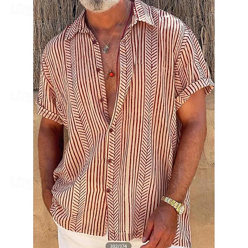 Men's Striped Shirt Summer Shirt Casual Shirt Short Sleeve Comfortable Fashion Casual Vacation Going out Casual Daily Spring & Summer Turndown Print White Red2